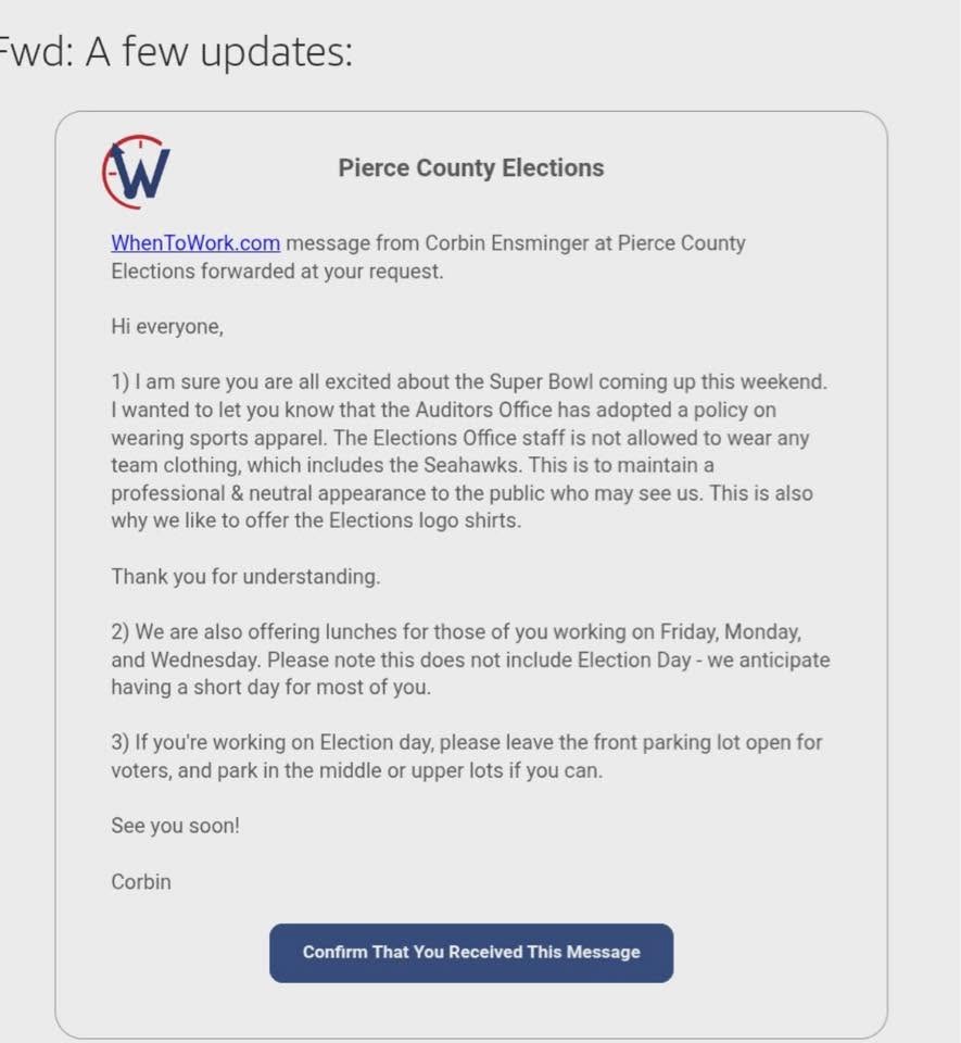 Screenshot of a Pierce County Elections staff message about sports apparel policy